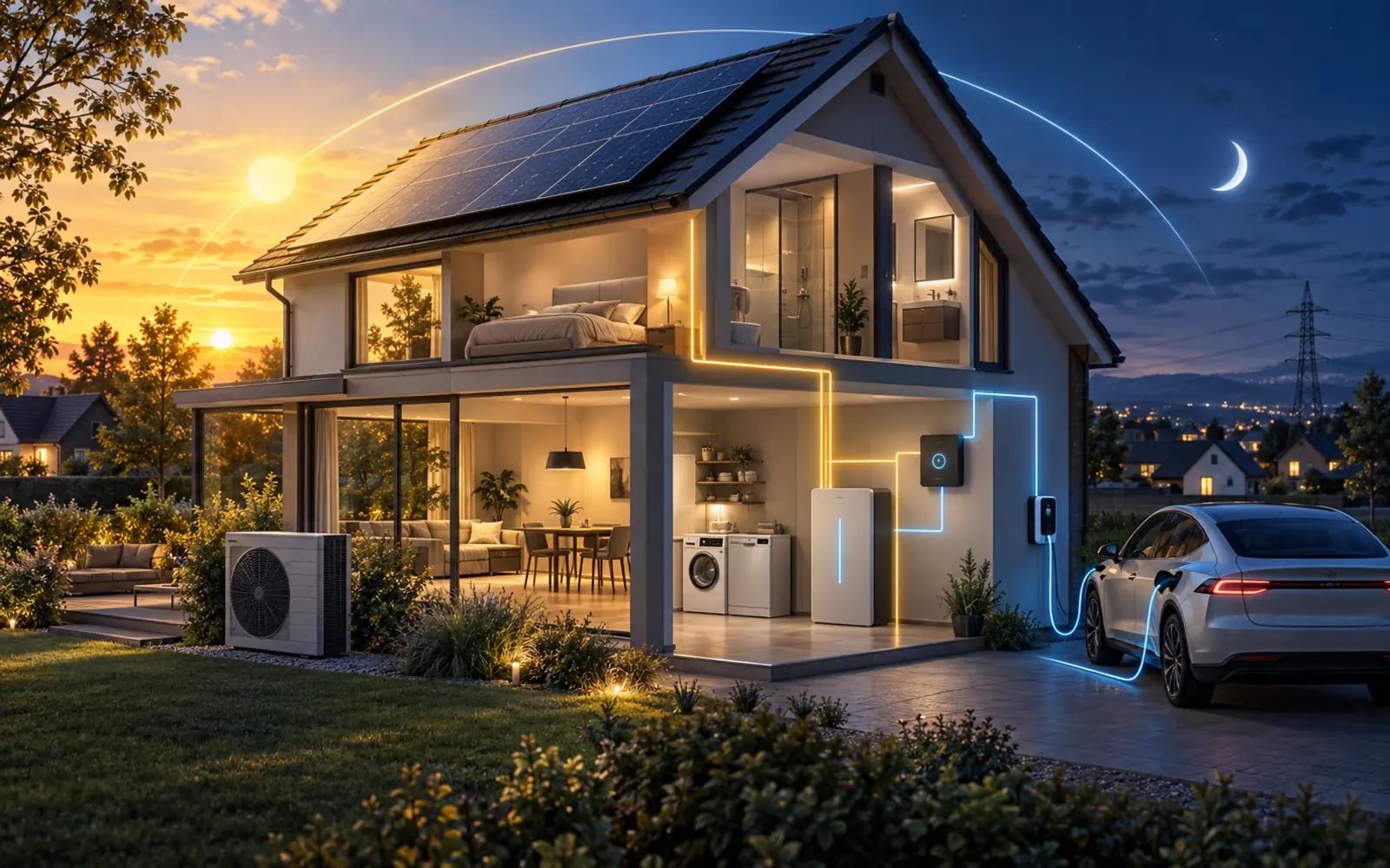 Flexibility Check 2026: Deutsche Haushalte könnten 18,3 TWh Strom zeitlich verschieben – Flexibility Check 2026: steuerbare Stromnutzung im vernetzten Haushalt Modernes Wohnhaus mit Wärmepumpe, Heimspeicher, Elektroauto, Smart Meter und Haushaltsgeräten als Symbol für flexible Stromnutzung
