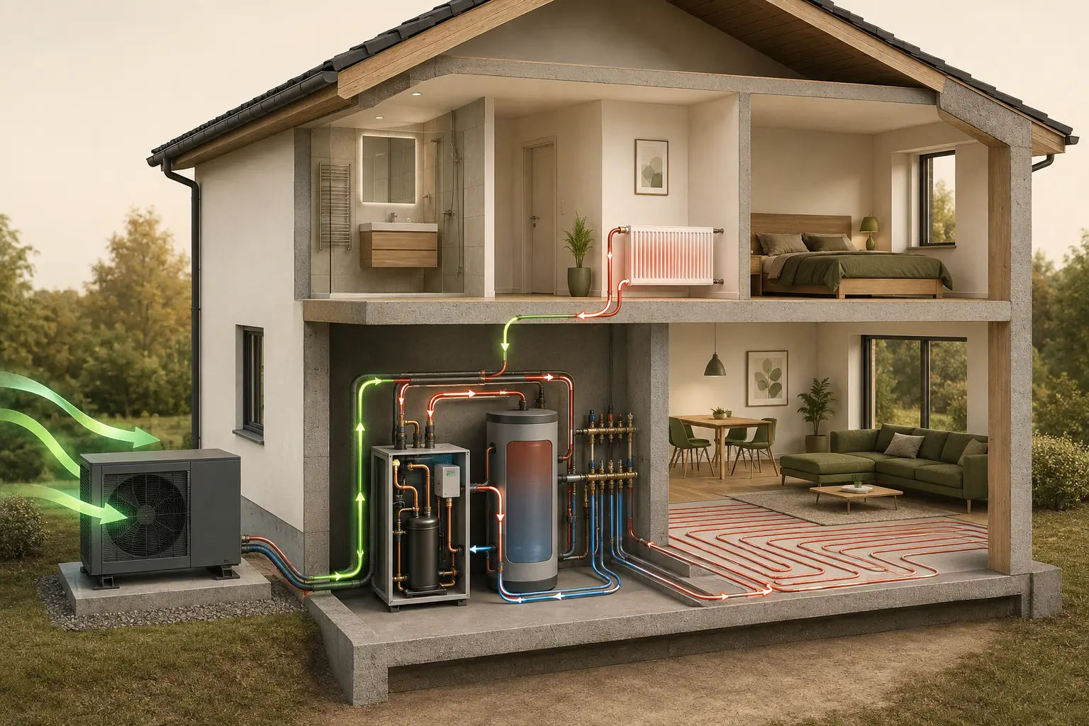 Hausquerschnitt mit dem vollständigen Kreislauf einer Luft-Wasser-Wärmepumpe