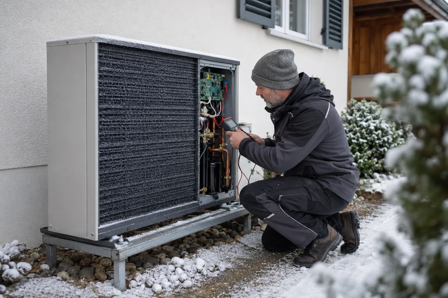 Techniker untersucht eine Wärmepumpe im Winter