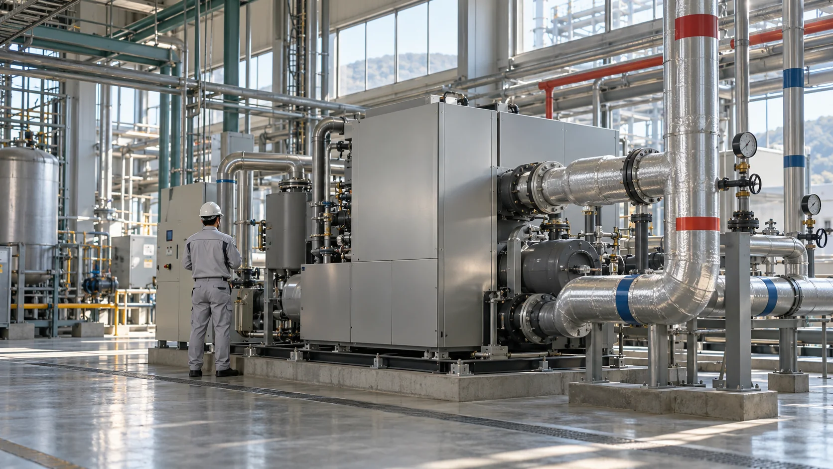 90 Grad aus Abwärme: MHI erweitert den Markt für seine Industriewärmepumpe – 90 Grad aus Abwärme: MHI erweitert den Markt für seine Industriewärmepumpe Redaktionelle Illustration einer industriellen Wasser-Wasser-Wärmepumpe mit gedämmten Leitungen in einer japanischen Fabrik