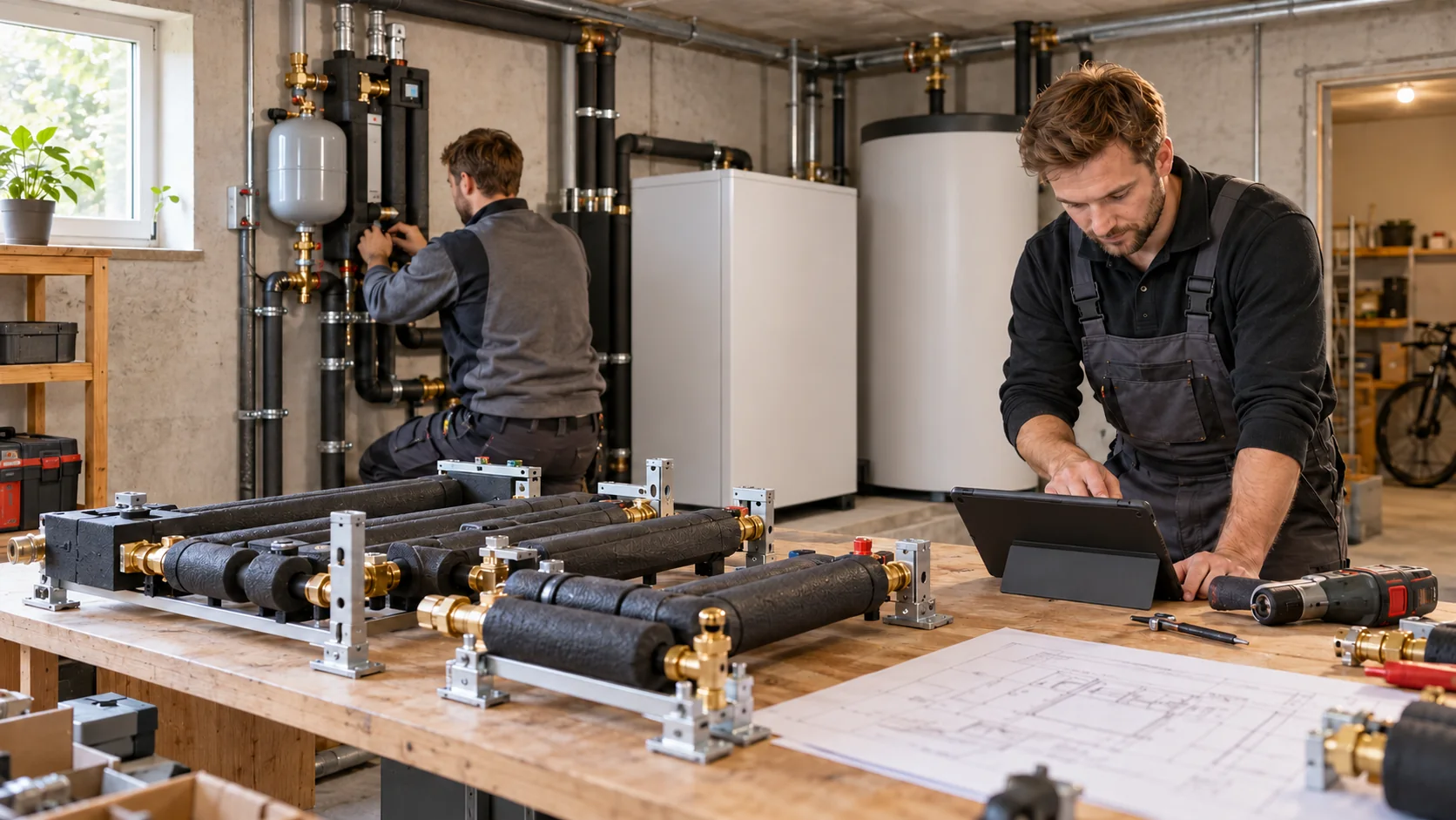 Schneller zur Wärmepumpe: WESPE nimmt den ganzen Montageablauf unter die Lupe – Schneller zur Wärmepumpe: WESPE nimmt den ganzen Montageablauf unter die Lupe KI-Illustration zweier Heizungsmonteure bei der Vorbereitung vormontierter Rohrgruppen