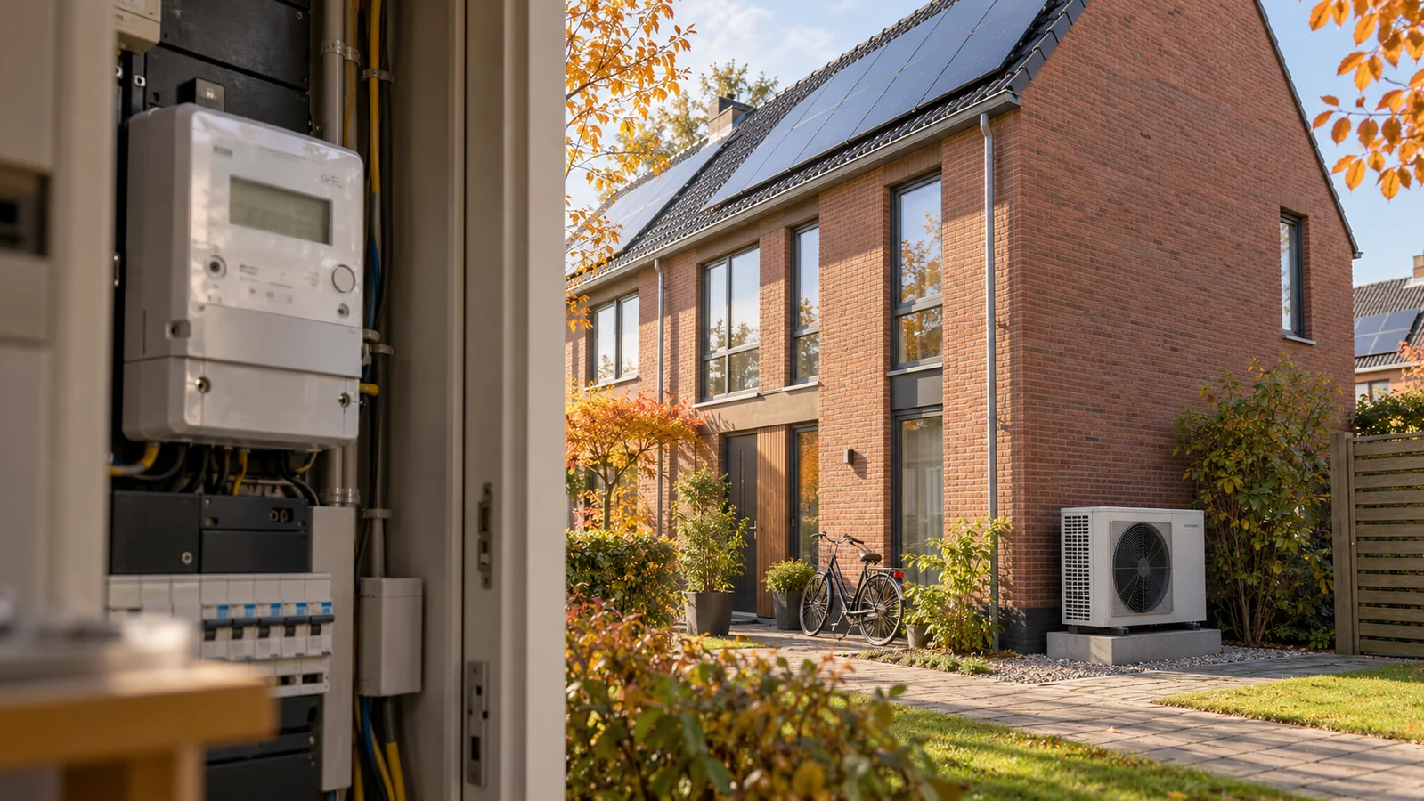 Wärmepumpen-Stromverbrauch: Warum TNO steigende Rechnungen erwartet – Niederlande: Wärmepumpen-Stromverbrauch und Energierechnung getrennt betrachten KI-Illustration eines Stromzählers vor niederländischen Reihenhäusern mit Photovoltaik und Wärmepumpe