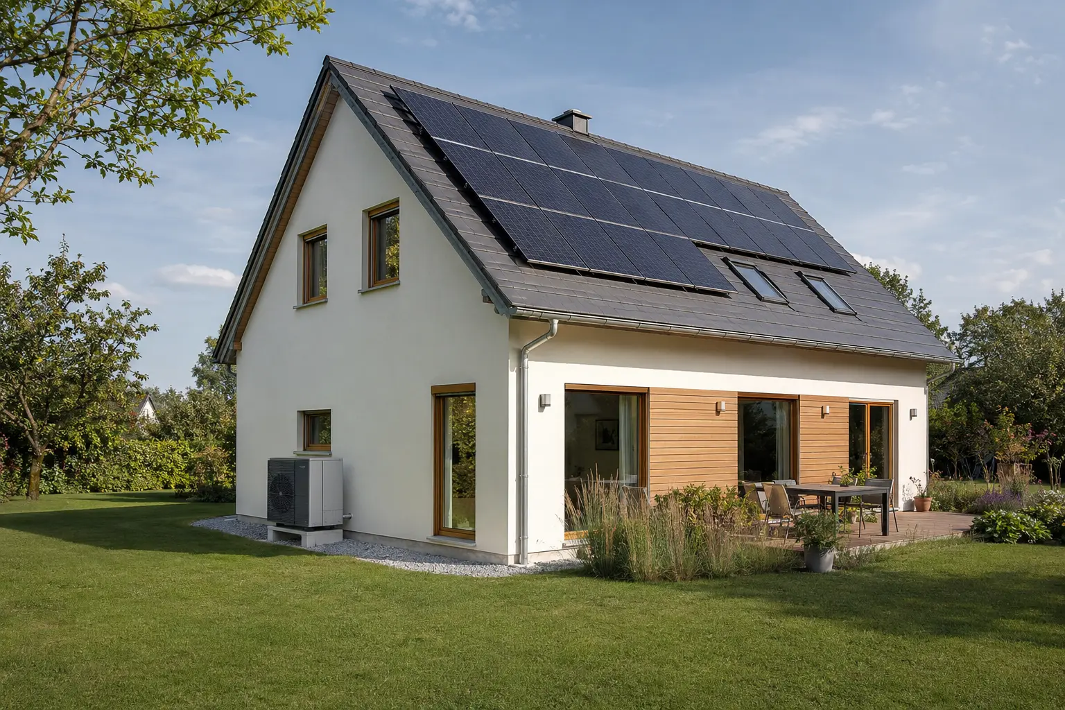 Einfamilienhaus mit Photovoltaik und Luft-Wasser-Wärmepumpe