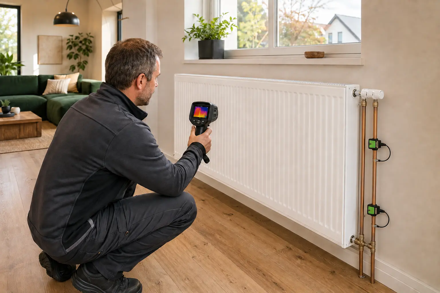 Installateur misst die Temperaturen eines Heizkörpers mit Wärmebildkamera