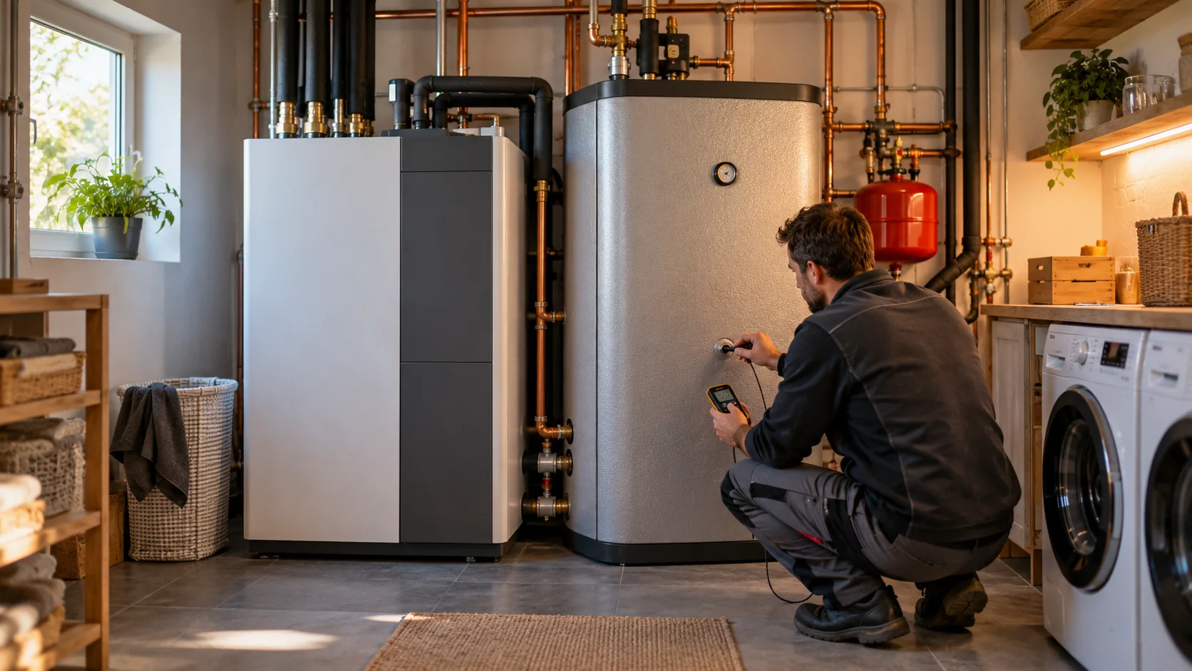 Wärmepumpe mit Speicher: US-Feldversuch senkt den Strombedarf zur Spitzenzeit – Wärmepumpe mit Speicher: US-Feldversuch senkt den Strombedarf zur Spitzenzeit Redaktionelle Illustration einer Wärmepumpenanlage mit zusätzlichem thermischem Speichermodul in einem Wohnhaus