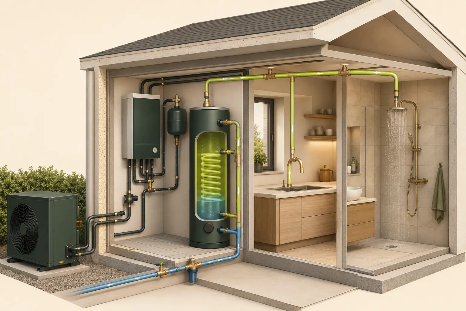 Hausquerschnitt mit Wärmepumpe, Warmwasserspeicher, Dusche und Küche